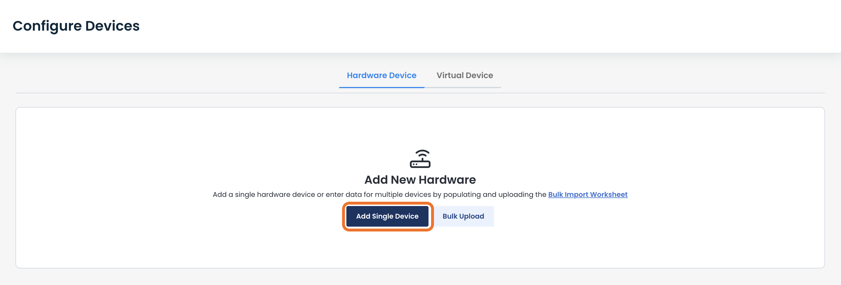 Interface for configuring devices with options to add hardware or bulk upload.